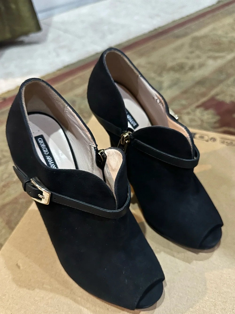 Giorgio Armani Black Suede Peep-Toe Ankle Booties with Gold Buckle Size 35